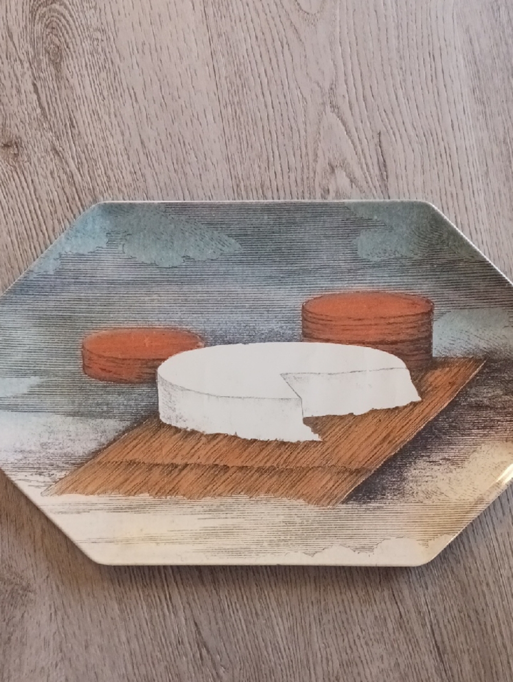 Decorative Serving Tray with Cheese Illustration in White and Brown